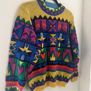 Vintage Laevis Japan Wool Knit Sweater Bold 80s/90s Geometric Pattern Size Large